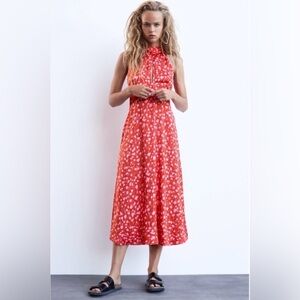 NWT Zara Red Floral Satin Effect Halter
Neck Tie Back Midi Dress